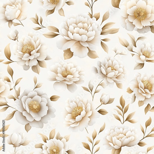 Elegant floral pattern featuring soft white and gold flowers on a light background, perfect for decorative projects.