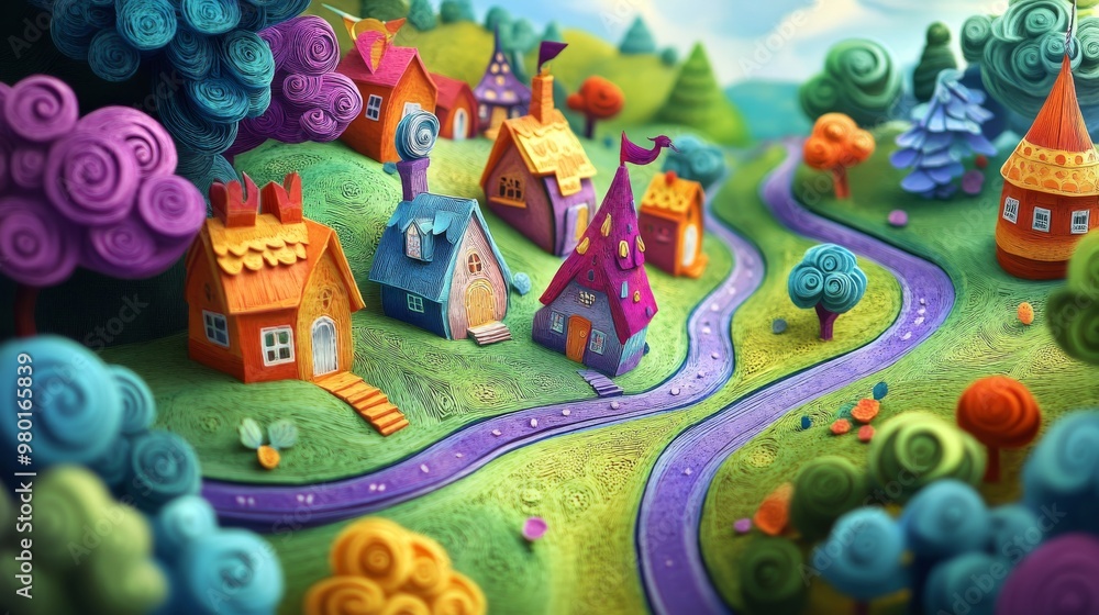 Enchanting Paper Cut Village: Whimsical 3D Rendering of Colorful Tiny Houses and Magical Creatures Enchanting Paper Cut Village: Whimsical 3D Rendering of Colorful Tiny Houses and Magical Creatures