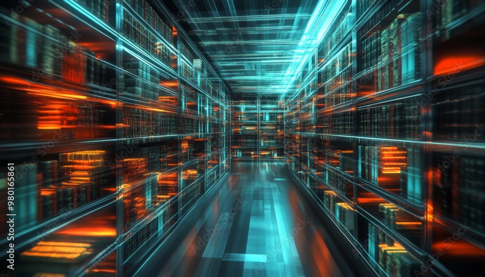 Obraz premium A modern digital knowledge exchange illustrated through virtual library imagery.