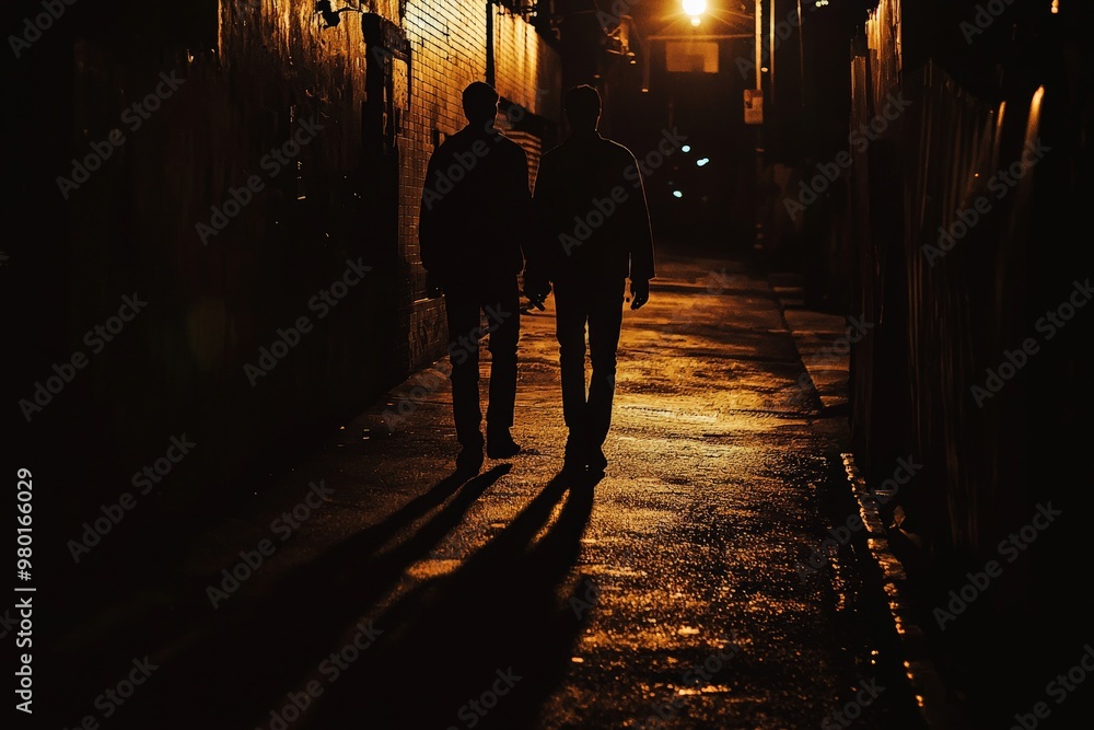 Two shadows walking away from each other in a dark alley, the faint glow of a street lamp illuminating the distance growing between them, representing a bitter farewell Two shadows walking away from each other in a dark alley, the faint glow of a street lamp illuminating the distance growing between them, representing a bitter farewell