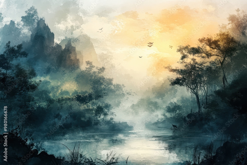 A misty forest scene with a river flowing towards a glowing sky. A misty forest scene with a river flowing towards a glowing sky.