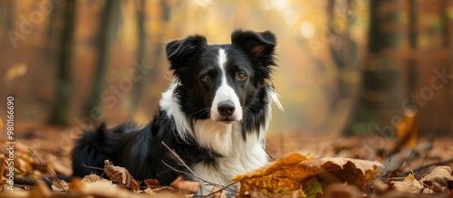 A Beautiful Black And White Border Collie Dog In The Forest