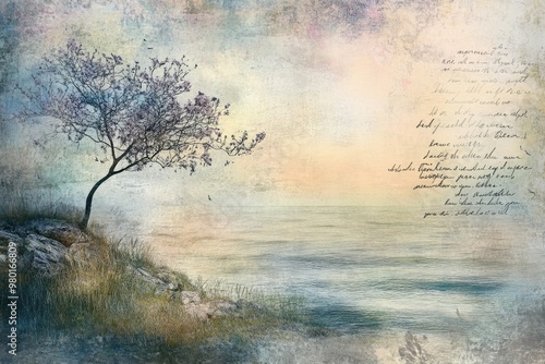 A Silhouetted Tree Overlooking a Rippling Lake with Textured Background
