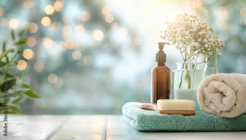 Relaxing spa composition with soap flowers and soft towel on wooden table Relaxing spa composition with soap flowers and soft towel on wooden table