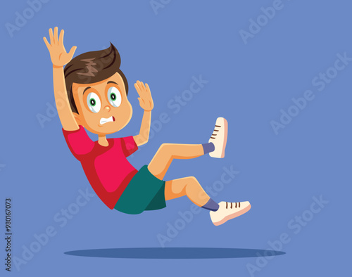Little Kid Slip and Fall in Accident Vector Concept Illustration. Careless boy having problems with balance and equilibrium 