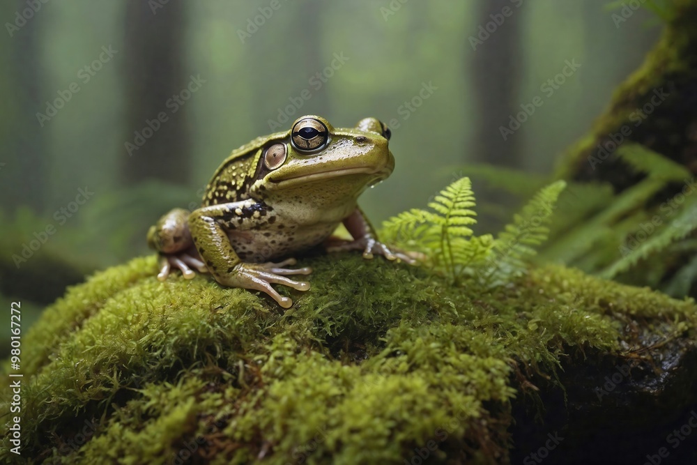 Fototapeta premium Frog Perched on a Mossy Rock in a Misty Forest: A vibrant tree frog perches on a moss-covered rock deep in the heart of a misty forest.