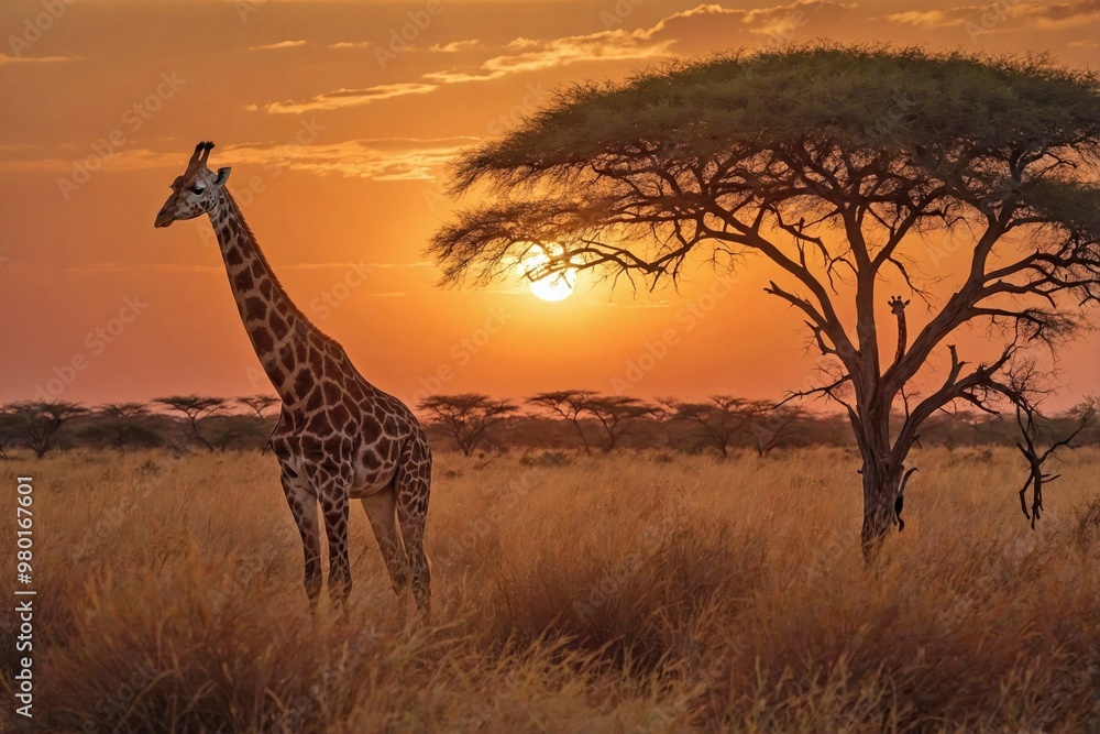 Obraz premium Giraffe Grazing on Acacia Trees in the African Savannah at Sunset: A tall giraffe stretches its neck gracefully to nibble on the leaves of a lone acacia tree in the vast African savannah.