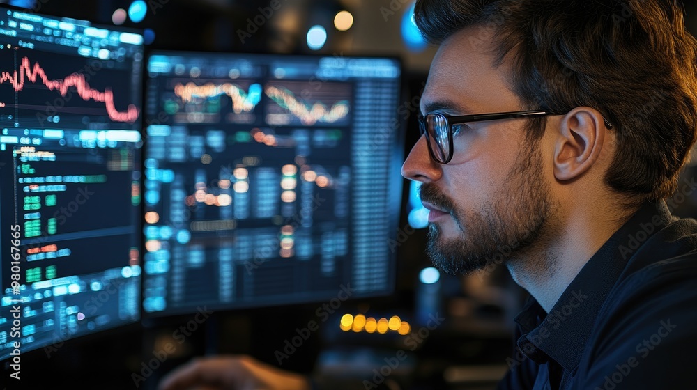 Focused individual analyzes data trends on multiple screens, showcasing modern technology and analytics in a dark environment. Focused individual analyzes data trends on multiple screens, showcasing modern technology and analytics in a dark environment.
