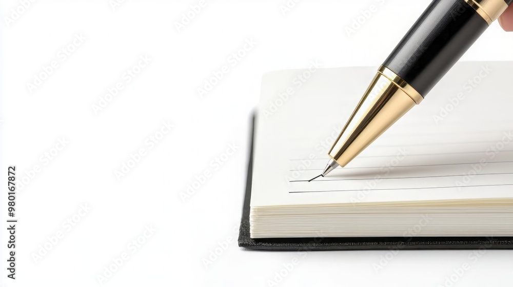 Close-up of a pen poised above a blank notebook, ready for notes, ideas, or creative thoughts in a minimalist setting. Close-up of a pen poised above a blank notebook, ready for notes, ideas, or creative thoughts in a minimalist setting.