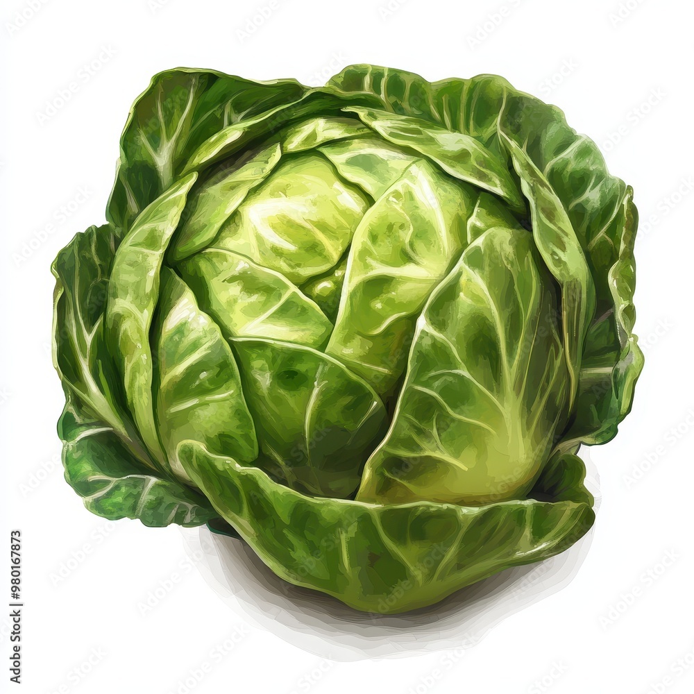Whole Green Cabbage with Crisp Leaves on White Background Whole Green Cabbage with Crisp Leaves on White Background