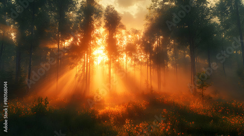 Sunbeams Through a Misty Forest 3D Illustration