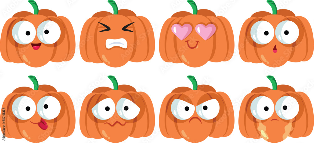Halloween Pumpkin Vector Character with Different Expressions. Cheerful autumn vegetable having many emotional states 
