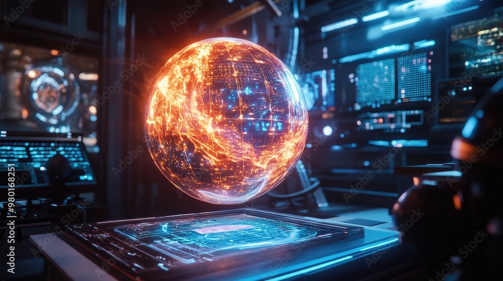 Naklejka premium Futuristic globe display with vibrant energy, set in a high-tech environment showcasing advanced technology and digital interfaces.