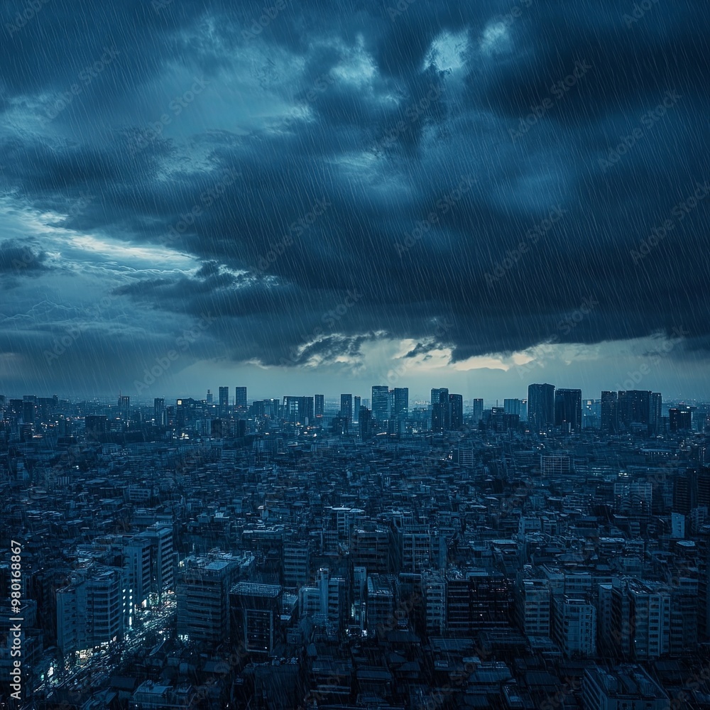 Fototapeta premium Rain over city. Panorama of modern city under dark dramatic stormy rainy clouds.