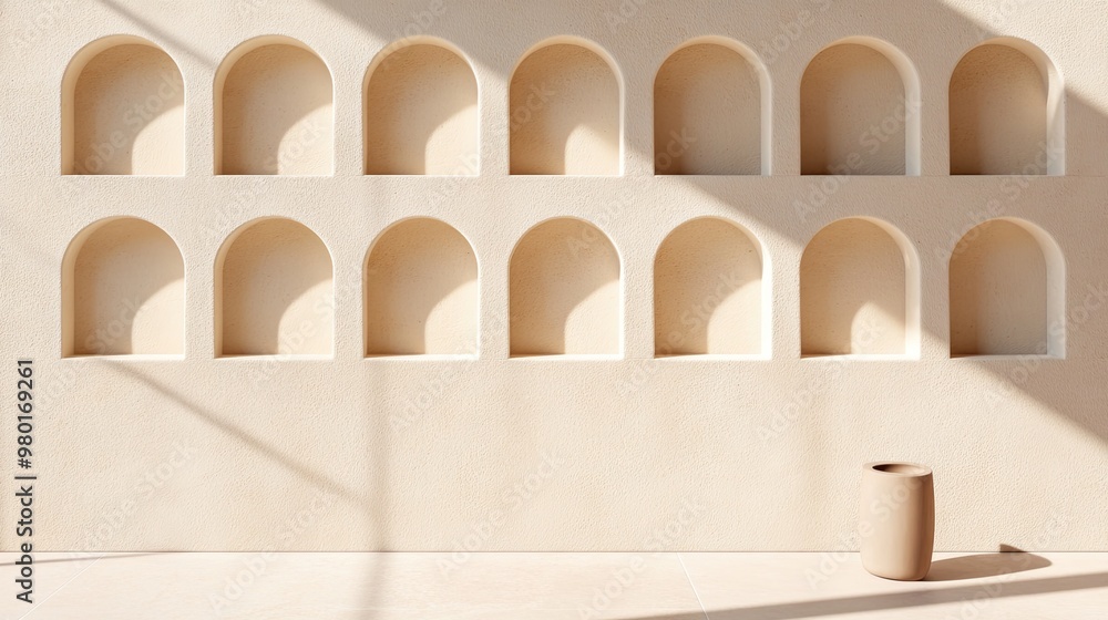 Obraz premium Minimalist wall design with arched niches casting soft shadows in a serene space. Perfect for modern interior aesthetics.