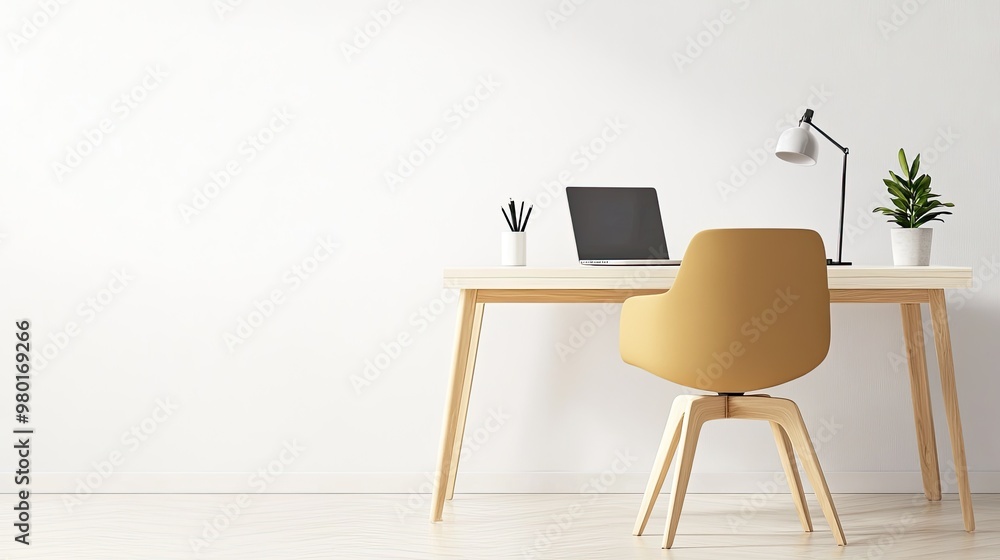 Fototapeta premium Minimalist workspace with a modern chair, desk, and laptop, perfect for inspiration and productivity in home or office settings.