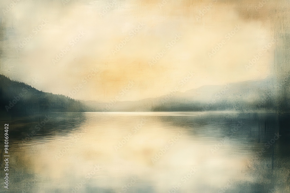 Tranquil Lake with Foggy Mountain Range and Golden Sky Tranquil Lake with Foggy Mountain Range and Golden Sky