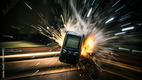 A cell phone is on fire and is being blown away by a blast of fire pager