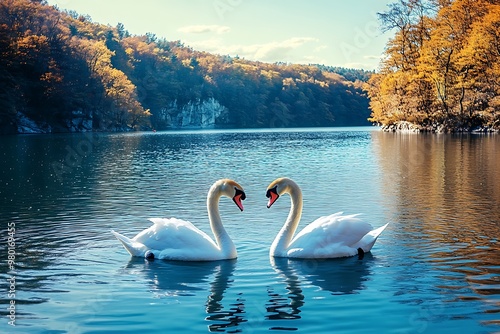 Fototapeta Naklejka Na Ścianę i Meble -   swans on a picturesque lake