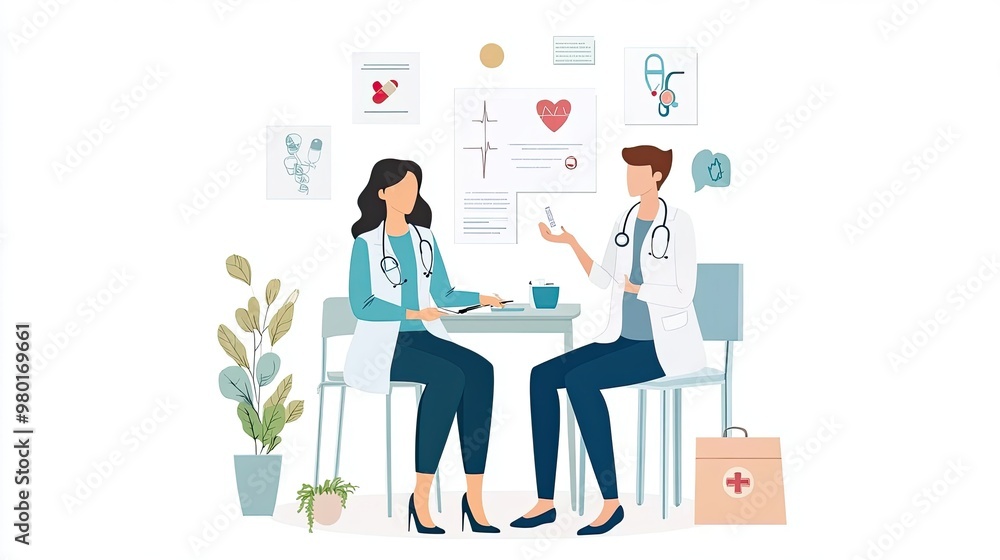 Professional doctors discussing patient care in a modern clinic setting, emphasizing communication and teamwork. Professional doctors discussing patient care in a modern clinic setting, emphasizing communication and teamwork.