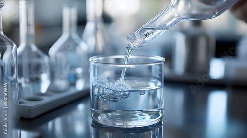 Pouring liquid from a glass bottle into a glass beaker