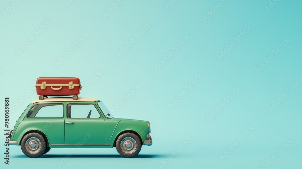 Green retro car with suitcase on roof on blue background. copy space Green retro car with suitcase on roof on blue background. copy space
