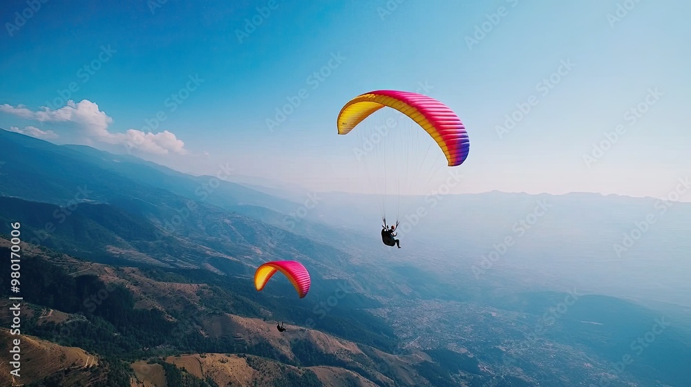 Stunning view of colorful paragliders soaring high above majestic mountains under a clear blue sky. Stunning view of colorful paragliders soaring high above majestic mountains under a clear blue sky.