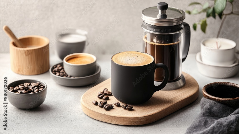 Stylish coffee setup featuring a French press, beans, and a modern cup on a wooden tray, perfect for coffee lovers. Stylish coffee setup featuring a French press, beans, and a modern cup on a wooden tray, perfect for coffee lovers.