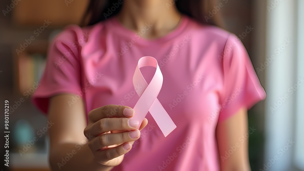 Breast Cancer Awareness: Woman in Pink Shirt with Pink Ribbon Symbolizing Strength and Hope Breast Cancer Awareness: Woman in Pink Shirt with Pink Ribbon Symbolizing Strength and Hope