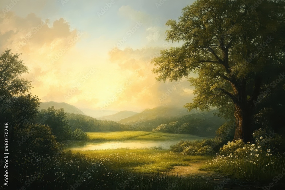 Serene Meadow with a Single Tree and a Pond Under a Golden Sky Serene Meadow with a Single Tree and a Pond Under a Golden Sky