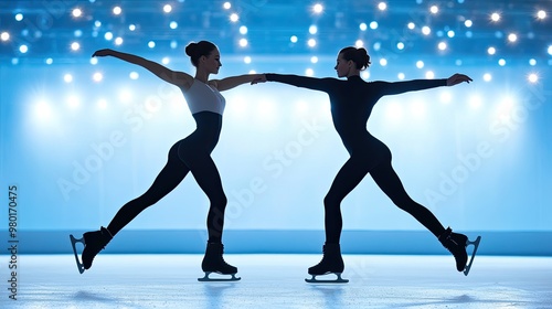 Two female figure skaters perform a graceful routine on ice, illuminated by bright stage lights, showcasing their elegant movements.