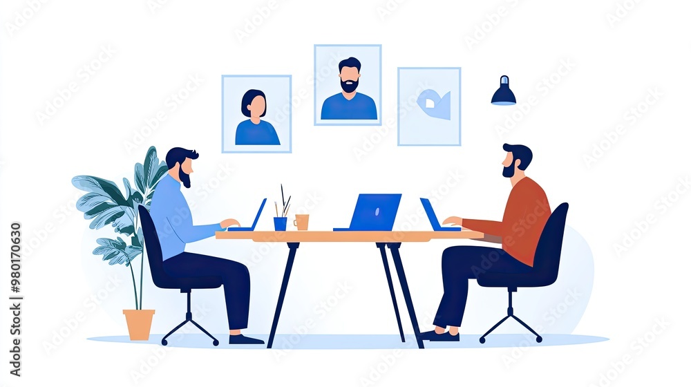 Two professionals work collaboratively at a modern office desk, focused on laptops and surrounded by inspiring artwork. Two professionals work collaboratively at a modern office desk, focused on laptops and surrounded by inspiring artwork.