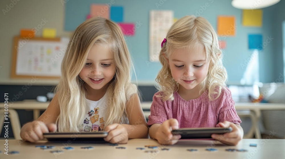 Two young girls happily playing with tablets in a colorful classroom, showcasing modern learning and friendship. Two young girls happily playing with tablets in a colorful classroom, showcasing modern learning and friendship.
