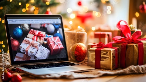 Holiday online shopping scene with a laptop screen showcasing festive discounts and special deals, surrounded by Christmas presents, capturing the essence of digital consumerism during