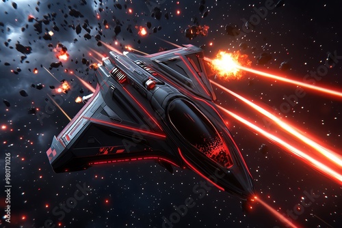 Fototapeta Naklejka Na Ścianę i Meble -  A sci-fi space battle, with spaceships zooming through the stars, firing lasers at enemy ships while dodging explosions