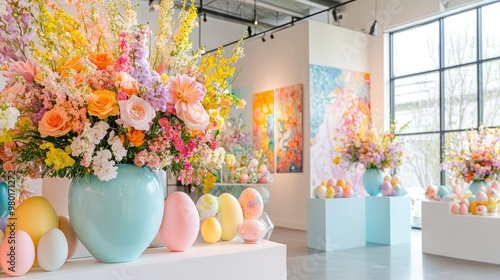 Vibrant flower arrangement with pastel eggs in an art gallery, celebrating spring and creativity in a colorful display. photo