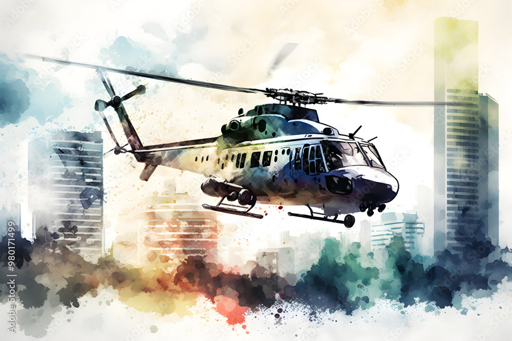 Helikopter über moderner Stadtlandschaft in Aquarell-Illustration - Ai-Ki generiert Helikopter über moderner Stadtlandschaft in Aquarell-Illustration - Ai-Ki generiert