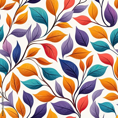 Vibrant leaves in various colors arranged in a seamless pattern, ideal for backgrounds and textile design.