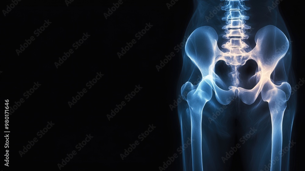 X-ray image showing human pelvic bones and spine structure, highlighting anatomical details for educational or medical use. X-ray image showing human pelvic bones and spine structure, highlighting anatomical details for educational or medical use.