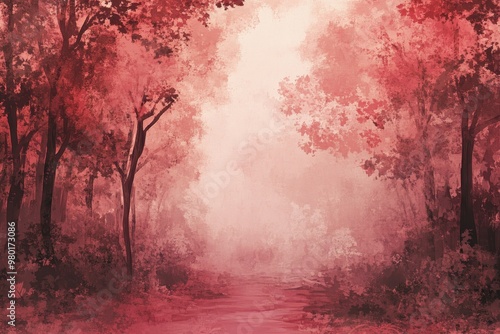 Misty Red Forest Path with Silhouettes of Trees