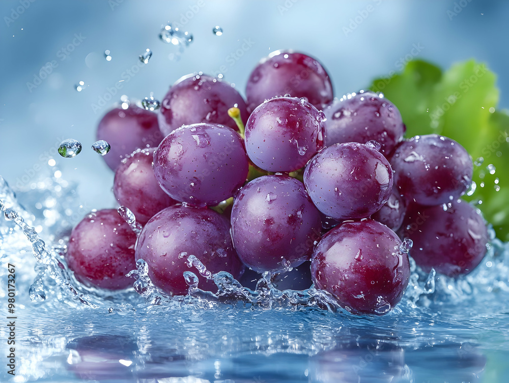 Fresh purple grapes splash in clear water, showcasing their juicy texture and vibrant color against a cool blue backdrop. Fresh purple grapes splash in clear water, showcasing their juicy texture and vibrant color against a cool blue backdrop.