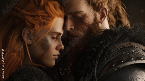 A tranquil couple, she with wavy light orange hair in black, he with a dark beard, both dressed in black, share a thoughtful gaze. Their expressions and visible brushwork create a peaceful scene.