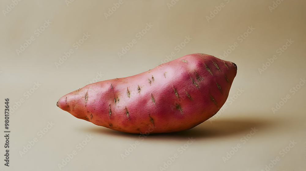 A close-up view of a fresh sweet potato on a neutral background, showcasing its vibrant color and unique shape. A close-up view of a fresh sweet potato on a neutral background, showcasing its vibrant color and unique shape.