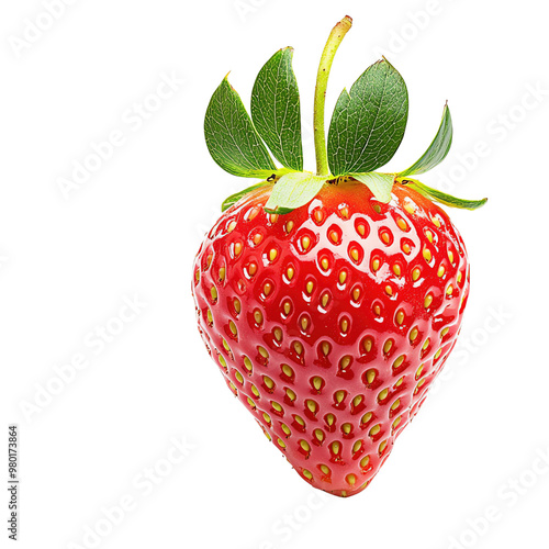 A vibrant, fresh strawberry showcasing its bright red color and healthy green leaves, perfect for culinary and lifestyle themes. photo