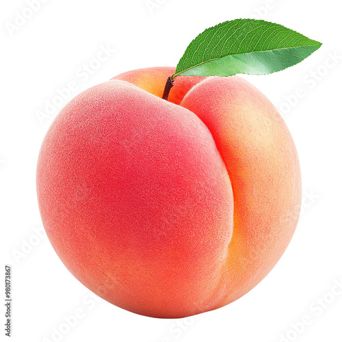 Fresh, ripe peach with a green leaf, showcasing its smooth surface and vibrant colors, perfect for summer recipes and healthy snacks.