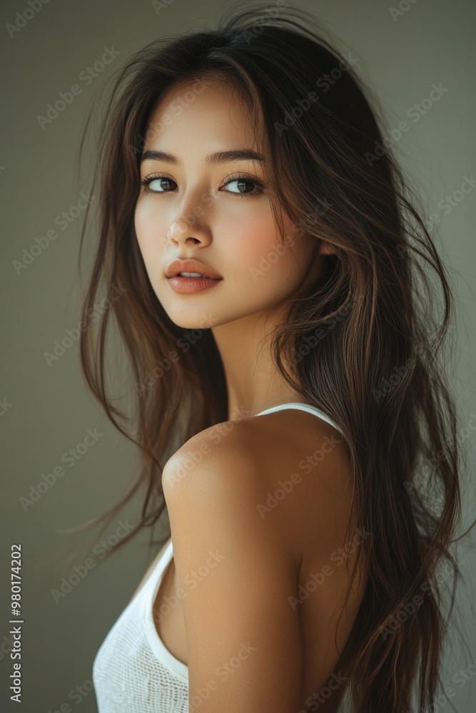 A captivating portrait of a young woman with long hair, showcasing natural beauty and elegance against a soft backdrop. A captivating portrait of a young woman with long hair, showcasing natural beauty and elegance against a soft backdrop.