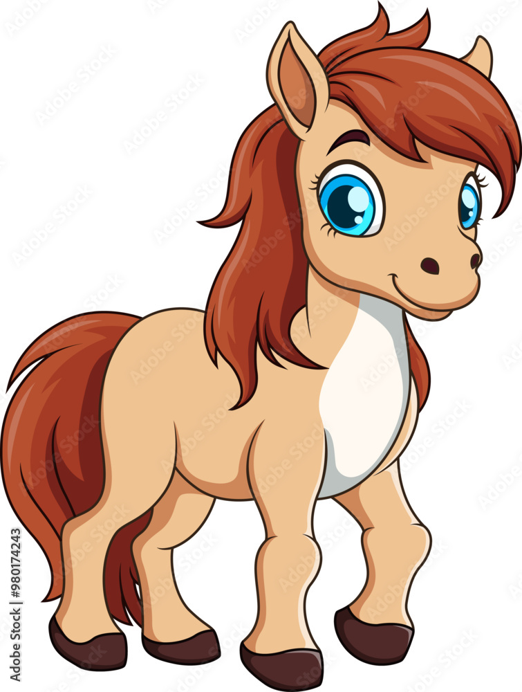 Cute cartoon horse with long red mane and big blue eyes, happily smiling. Suitable for equestrian designs and animalthemed projects Cute cartoon horse with long red mane and big blue eyes, happily smiling. Suitable for equestrian designs and animalthemed projects
