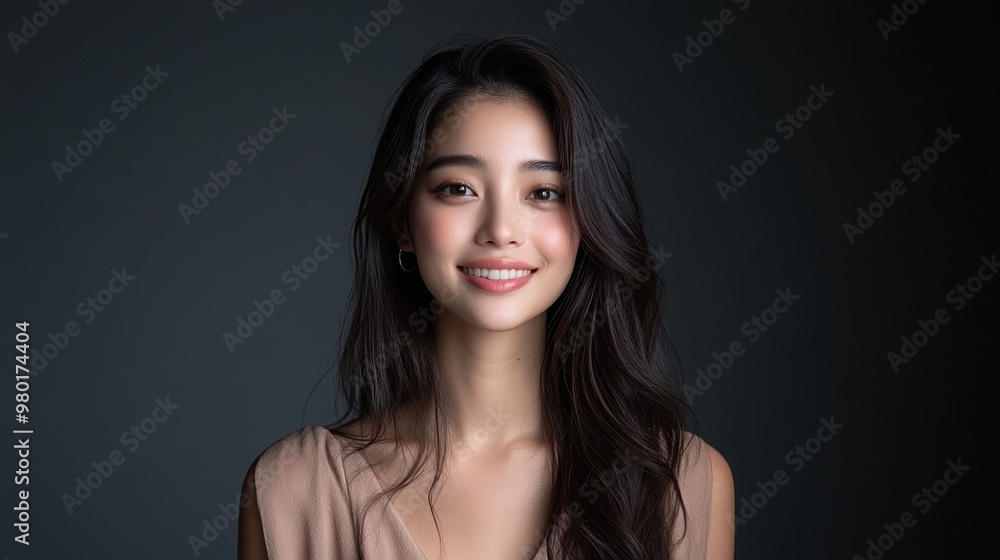 A portrait of a smiling woman with long hair against a dark background, exuding confidence and warmth. A portrait of a smiling woman with long hair against a dark background, exuding confidence and warmth.