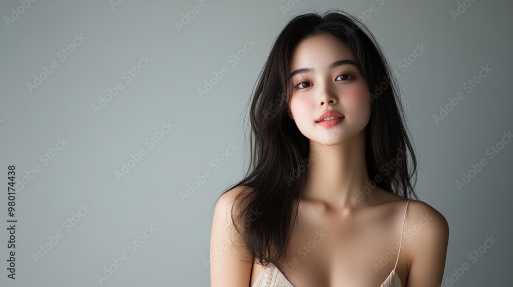 A portrait of a young woman with long hair, wearing a delicate top against a soft pastel background, exuding natural beauty and elegance. A portrait of a young woman with long hair, wearing a delicate top against a soft pastel background, exuding natural beauty and elegance.