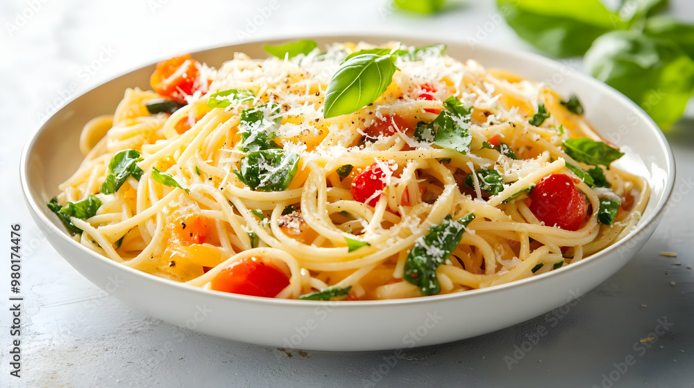 Delicious spaghetti with fresh basil, cherry tomatoes, and grated cheese, perfect for a gourmet meal or culinary inspiration. Delicious spaghetti with fresh basil, cherry tomatoes, and grated cheese, perfect for a gourmet meal or culinary inspiration.
